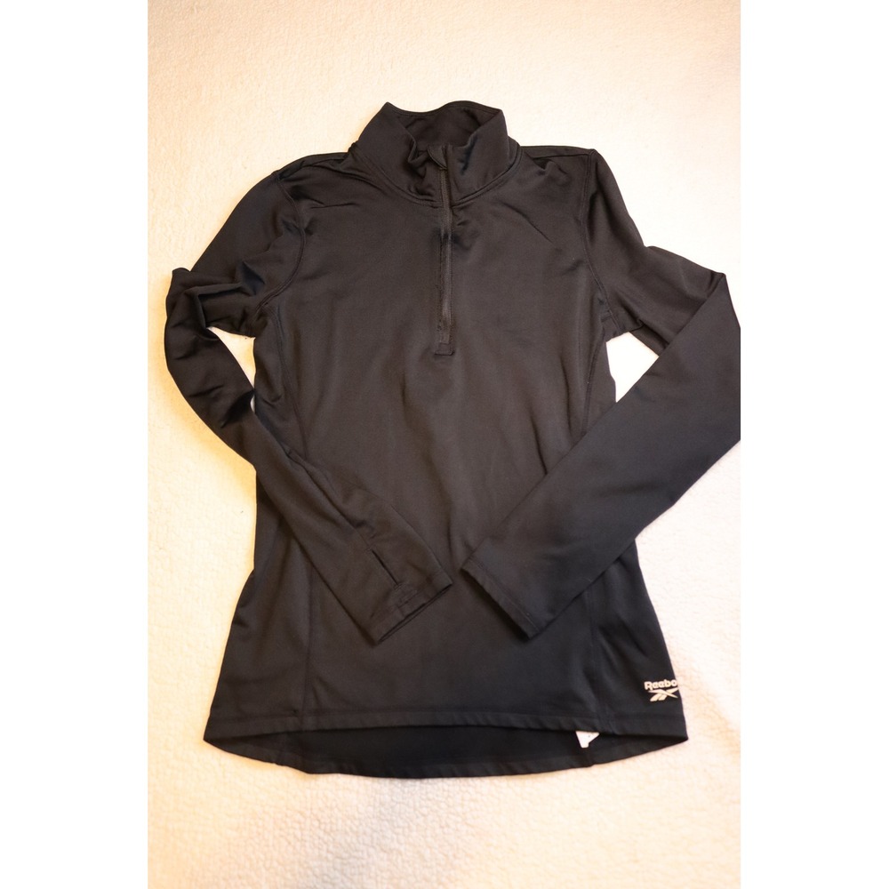 Reebok Womens Quarter Zip Pullover Long Sleeve Thumbhole Athletic Top Black XS